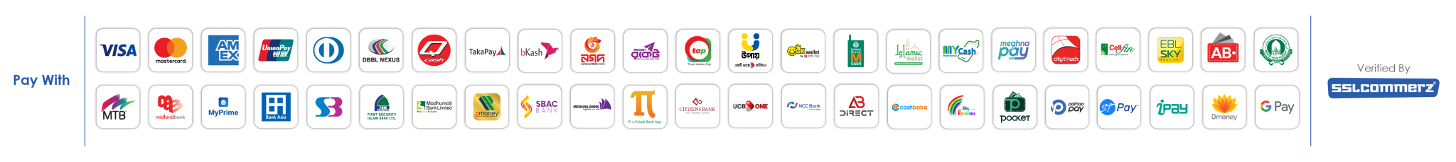 Visa, Mastercard, American Express, UnionPay, bKash, Nagad, Rocket, উপায় এবং বাংলাদেশের প্রধান ব্যাংকগুলোর মোবাইল ব্যাংকিং ও কার্ড সেবায় পেমেন্ট করুন। SSLCommerz দ্বারা যাচাইকৃত।